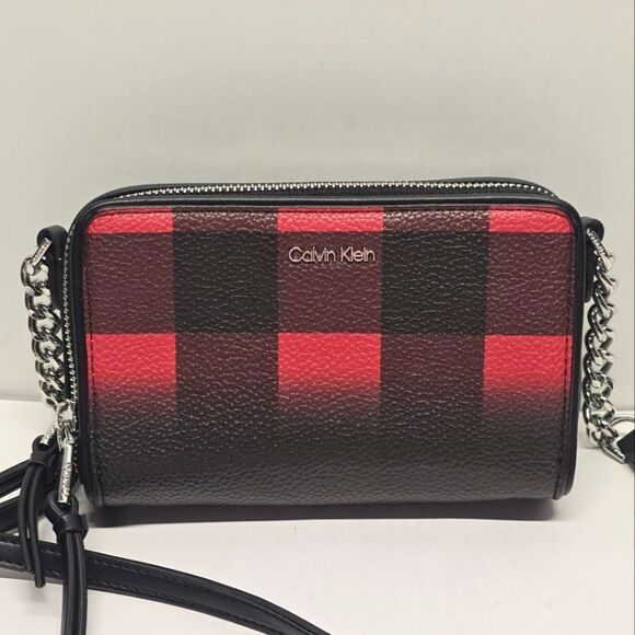 Calvin Klein Marybelle Buffalo Plaid Crossbody Black Red NWOT - Picture 1 of 8